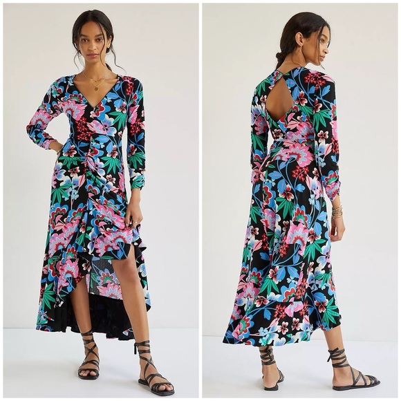 Anthropologie Dresses & Skirts - Anthro Maeve Ruched Floral Midi Maxi Dress Size 0 XS S Black Long Sleeve Boho